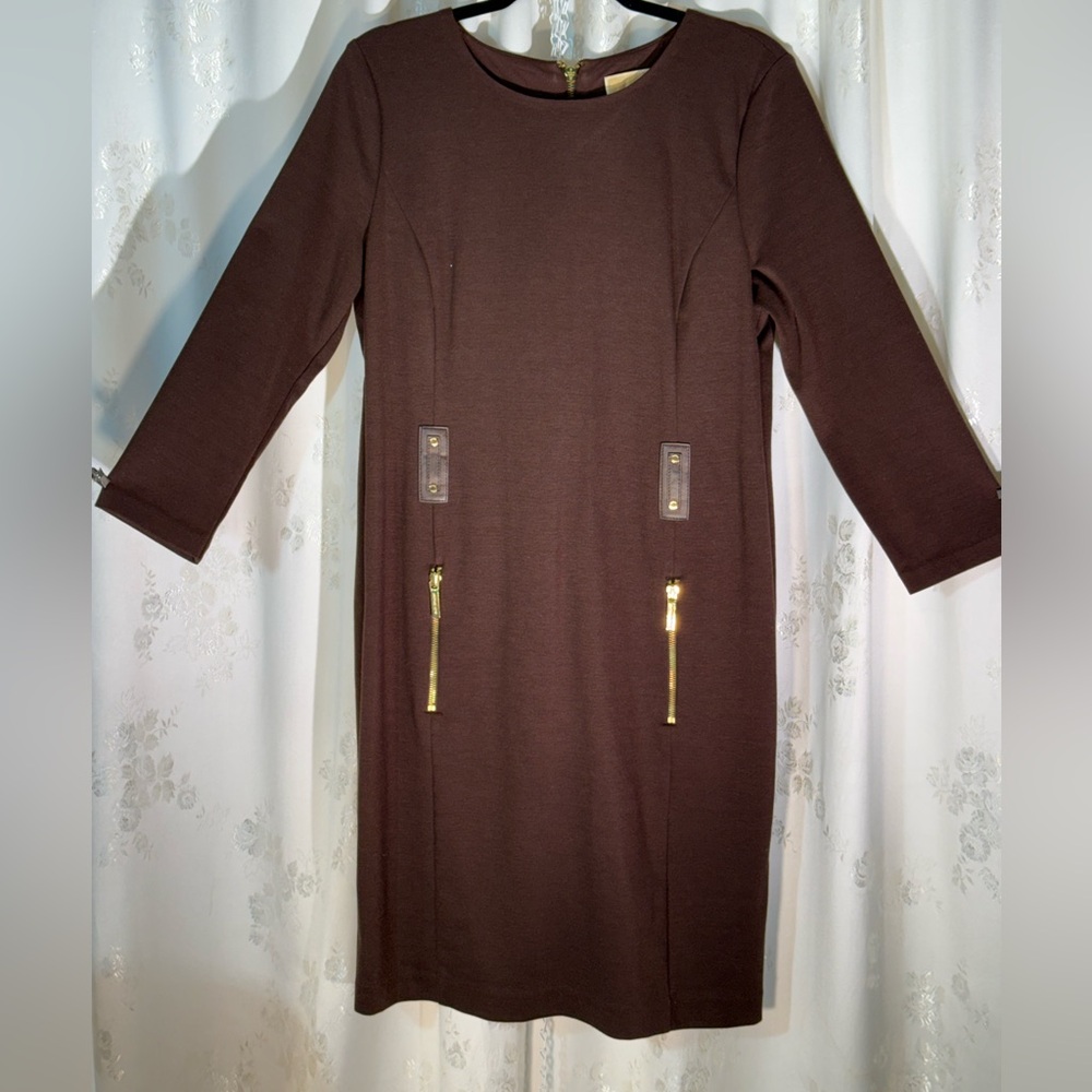 Michael Kors Brown Long Sleeve Sheath Dress with Gold Zippers